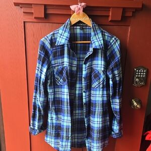 Blue and Black Plaid Womns Buttondown Shirt